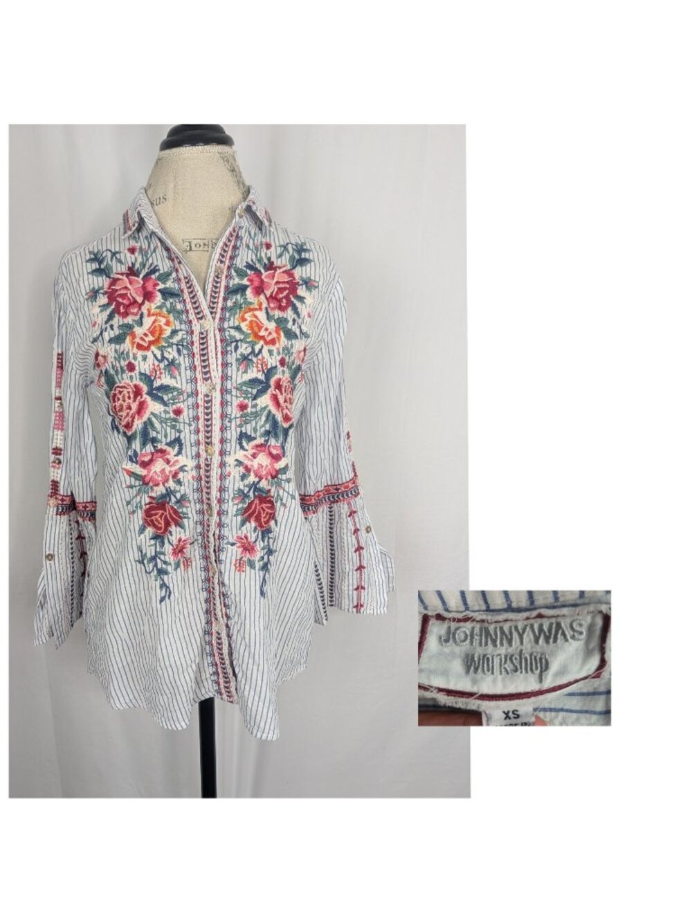 Johnny Was Button Down Sleeve Shirt XS X Small Blue Embroidered Arie Flute